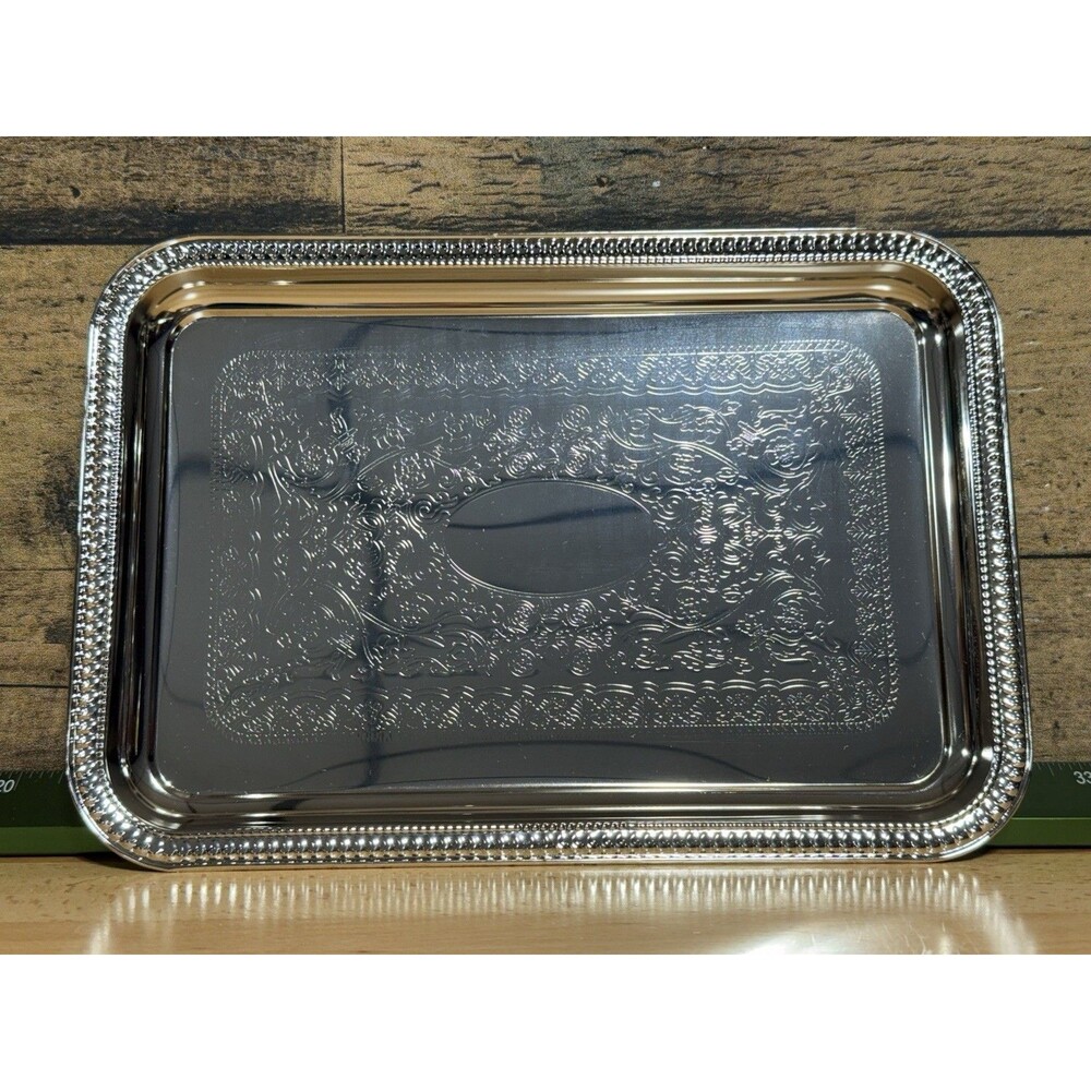 Silver Tone Serving Tray Beaded Edge 11”x8” Rectangular Party Wedding